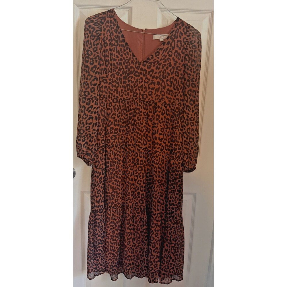 LOFT Leopard Print Tiered V-Neck Midi Dress Size 2  Brown Black Fall
